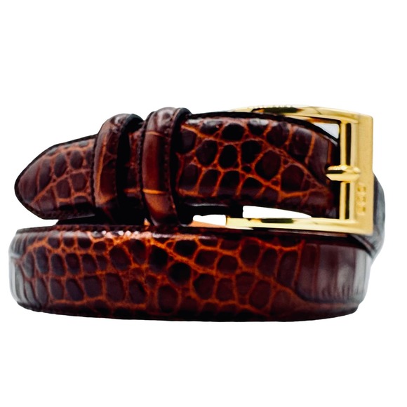 Ralph Lauren Brown Croc embossed Leather Belt with Gold Tone Signed Buckle Small - Picture 1 of 10